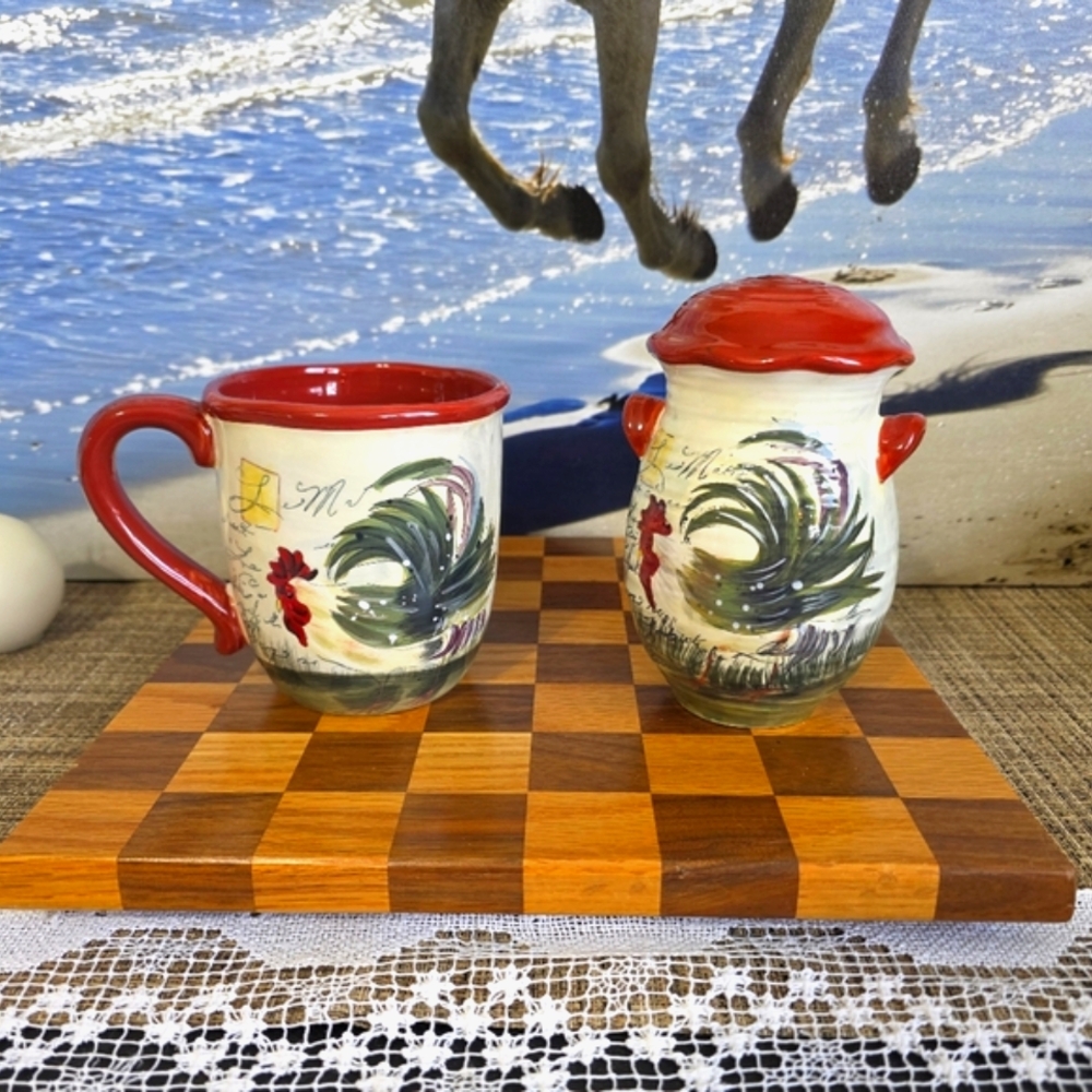 Susan Winget The Le Rooster Vintage Ceramic Mug And Cheese Shaker